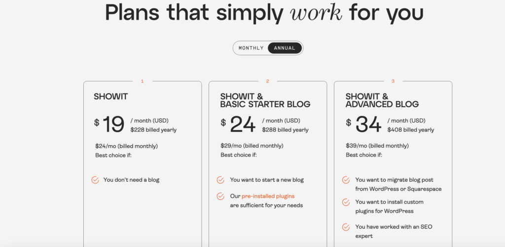 Screenshot der Preise von Showit.