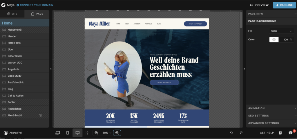 Screenshot der Nutzeroberfläche des Website-Builders Showit.