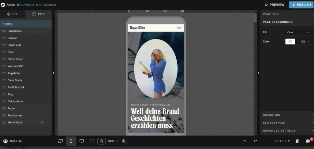 Screenshot der mobilen Bearbeitung bei Showit.